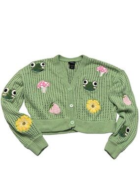 Hot Topic Thorn & Fable Frog Mushroom Flower Crop Cardigan Green XL